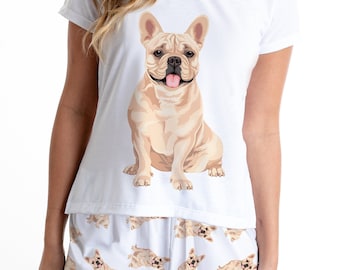 Französische Bulldogge Rehkitz Pyjama-Set mit Shorts für Frauen, Gelber Creme Frenchie-Liebhaber, Hunde-Pyjamas Loungewear bleiben Sie zu Hause Pyjamas für den Muttertag