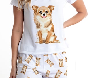 Long hair Chihuahua pajama set with shorts for women, Chihuahua dog lover gift for animal lovers, hairy Chihuahua jammies, Pjs for holidays