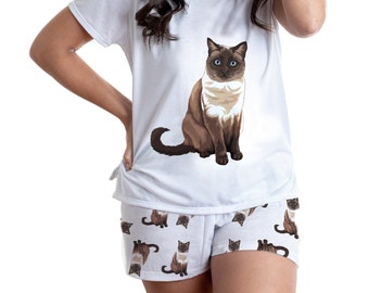 Siam Katzen Pyjama Set mit Shorts für Damen, bequemer Pyjama für Frauen, weiches Katzen Outfit, Meezer Mese Geschenk, Pyjama für Sie, Katzen Jammies