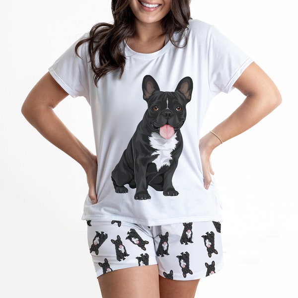 Black French bulldog pajama set with shorts for women , Frenchie lover , frenchie gift , French bulldog Pjs , dog pajamas for her, frenchies