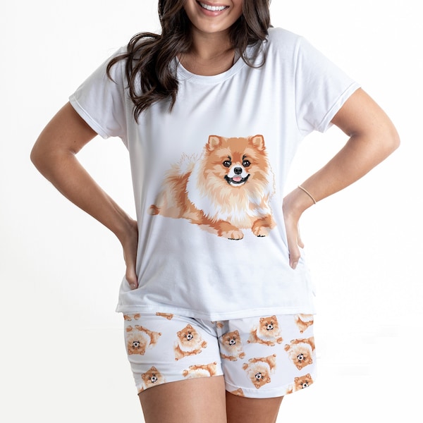 Dog pomeranian pajama set with shorts for women, Lulu da pomerania lover pj set, matching pjs for women, puppy nightwear, original gift