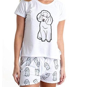 White Poodle pajama set with shorts for women, doodle poodle pajama set for her, nightwear perfect for dog mom, fun pjs on sale, dog pjs