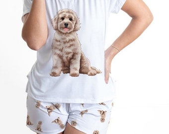 Doodle pajamas set with shorts for women Poodle, Doodle lover Pjs outfit, beige Poodle Gift,poodle labradoodle pjs, Golden doodle pajamas
