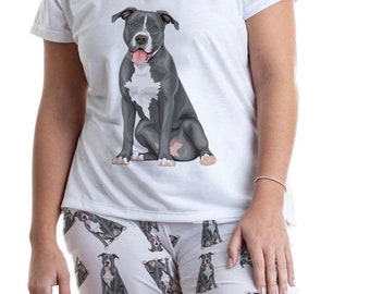 Grey Pitbull pajama set with pants for women, Pitbul soft Pjs for dog lovers, Pitbull mom cute gift idea, rescue dog outfit for matching
