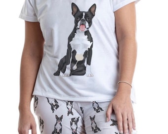 Boston terrier pajama set with pants for women, Boston Pjs for dog Lover, cute rescued dog gift, pet loss gift idea, comfy nightwear for her