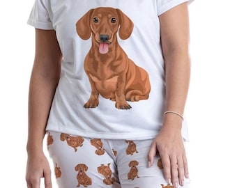 Dachshund Wiener pajama set with pants for women, Sausage wiener dog Gift, Dachshund hot dog pjs, Animal lover cute pajamas for pj party