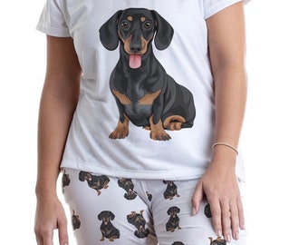 Black Dachshund Wiener pajama set with pants for women, dog mom lover gift, sausage dog Pjs for fur mom loungewear, dog tee for mothers day