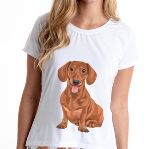 Röd tax Wiener pyjamasset med shorts för kvinnor, pyjamas för kvinnor, varmkorvpyjamas, taxpyjamas juldag, hundpyjamasset för henne bild 2