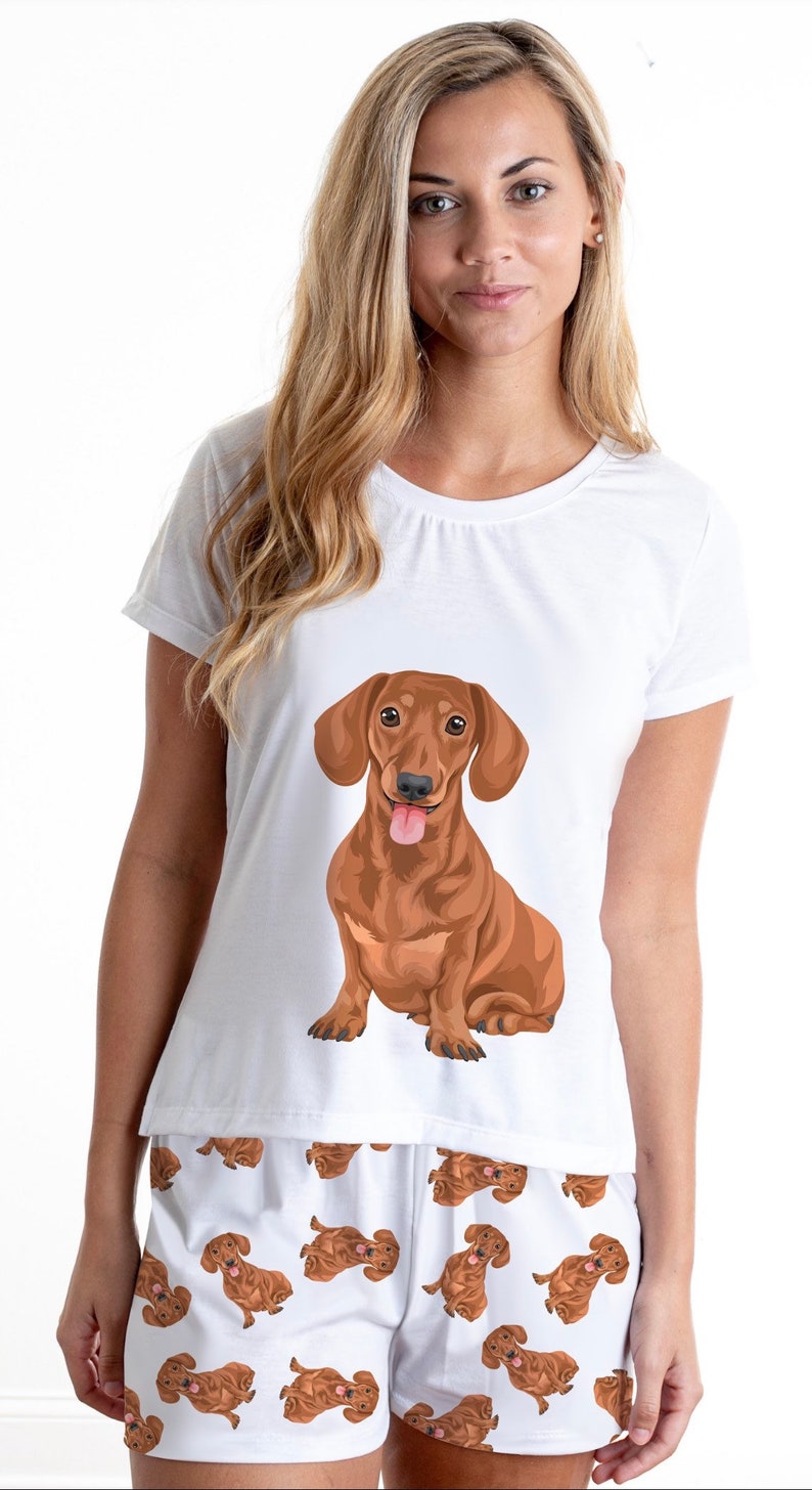 Röd tax Wiener pyjamasset med shorts för kvinnor, pyjamas för kvinnor, varmkorvpyjamas, taxpyjamas juldag, hundpyjamasset för henne bild 2