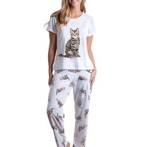 Grey cat pajama set with pants for women, cat lover gift, Kitty cat 2 piece Pjs for women, cat lover gift for her, soft high quality pajamas