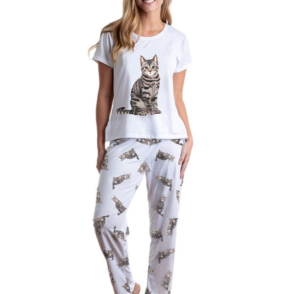 Ensemble pyjama chat gris avec pantalon pour femme, cadeau pour amoureux des chats, pyjama 2 pièces chaton pour femme, cadeau pour amoureux des chats pour elle, pyjama doux de haute qualité