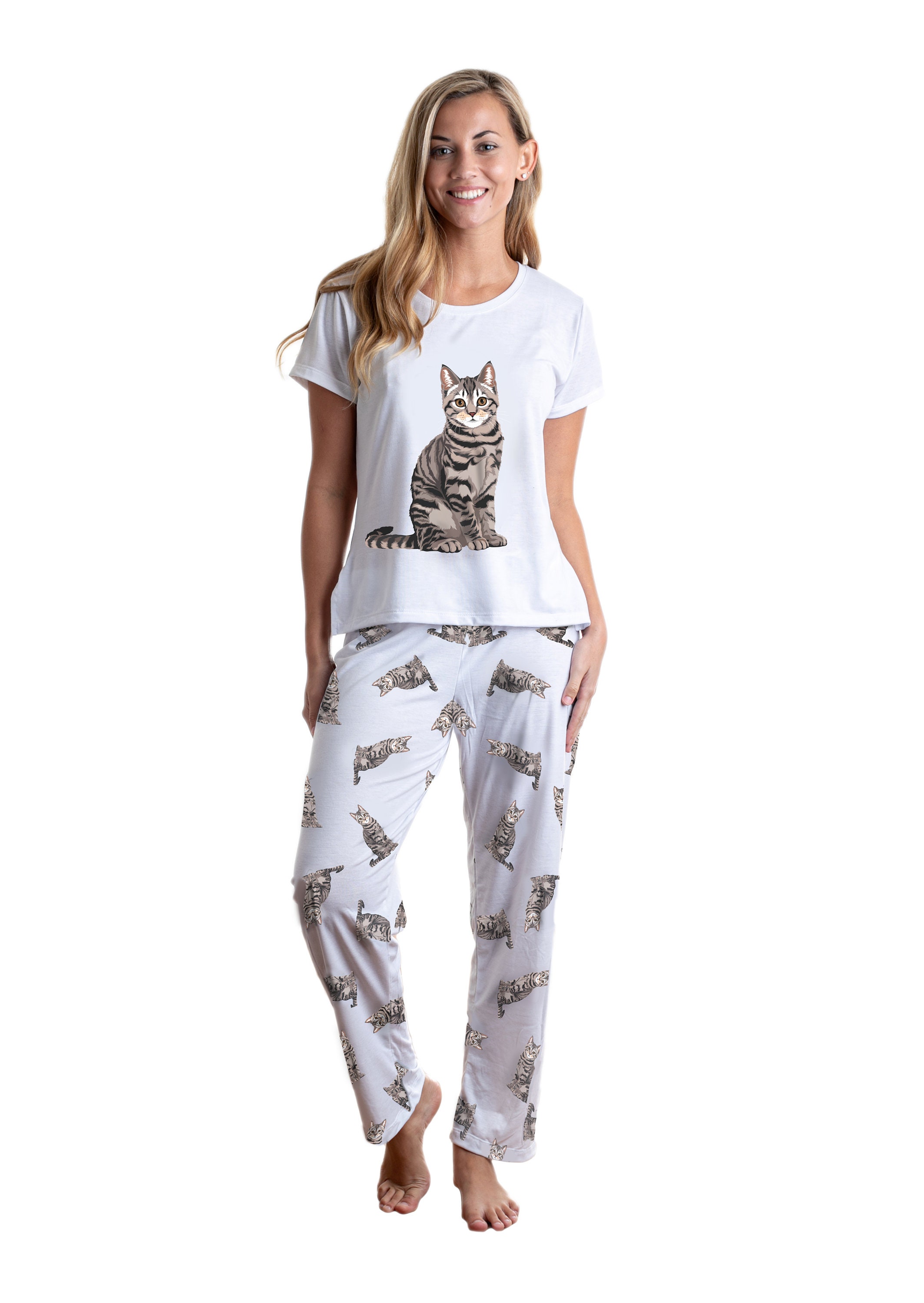 Grey Cat Pajama Set With Pants for Women Cat Lover Gift Dog -  Israel