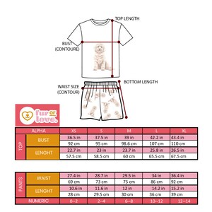 K&ouml;nnte beinhalten: Gr&ouml;&szlig;entabelle f&uuml;r ein wei&szlig;es T-Shirt und Shorts mit Hundedruck. Die Tabelle zeigt die Ma&szlig;e in Zoll und Zentimetern f&uuml;r Brustumfang, L&auml;nge, Taille und numerische Gr&ouml;&szlig;en. Die Tabelle ist mit "Top" und "Hose" beschriftet.