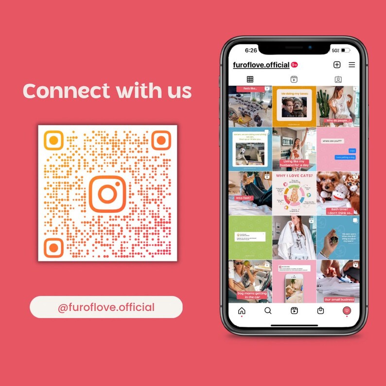 K&ouml;nnte beinhalten: Ein rosa Hintergrund mit einem QR-Code und einem Smartphone, das ein Raster von Bildern aus einem Instagram-Account anzeigt. Der QR-Code ist orange und wei&szlig; und der Text "Connect with us" befindet sich dar&uuml;ber. Der Text "@furoflove.official" befindet sich unter dem QR-Code. Der Smartphone-Bildschirm zeigt ein Raster von Bildern aus dem Instagram-Account "furoflove.official". Der Text "WHY I LOVE CATS?" ist auf einem der Bilder sichtbar. Der Text "Our small business" ist auf einem anderen Bild sichtbar. Der Text "furoflove.official" befindet sich oben auf dem Smartphone-Bildschirm.