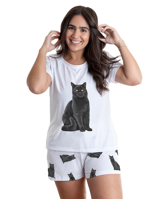Black Cat Pajama Set With Shorts for 