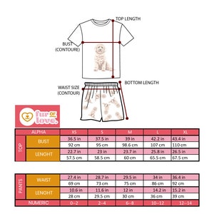 May include: Size chart for a white t-shirt and shorts with a dog print. The chart shows measurements in inches and centimeters for bust, length, waist, and numeric sizes. The chart is labeled "Top" and "Pants".