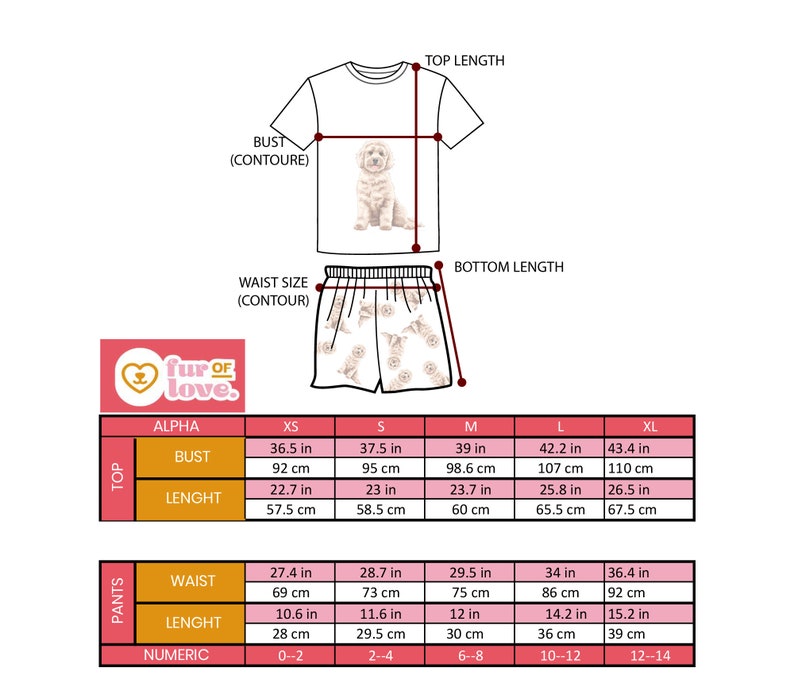 May include: Size chart for a white t-shirt and shorts with a dog print. The chart shows measurements in inches and centimeters for bust, length, waist, and numeric sizes. The chart is labeled "Top" and "Pants".