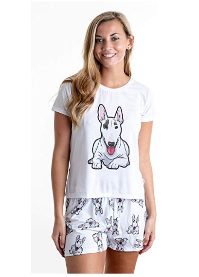 Bull terrier pajama set with shorts for women, Bullterrier Pjs for dog lover, Bullterrier Jammies for Mothers day gift idea, mommy present