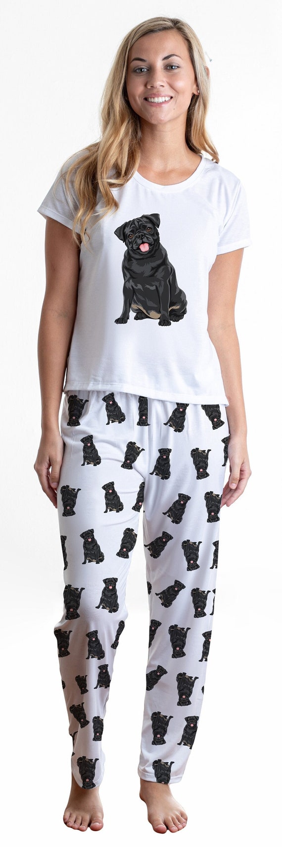 Black Pug Pajama Set With Pants for Women, Pug Lover Pj Set, Black