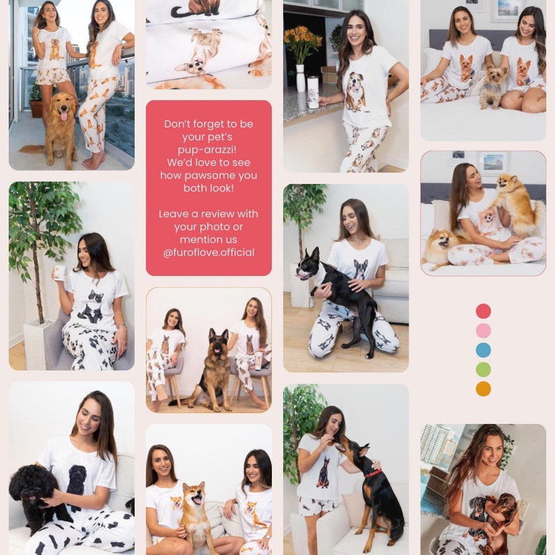 May include: A collage of images featuring people wearing matching pajamas with their dogs. The pajamas are white with a black and white print of dogs. The text in the image reads "Don't forget to be your pet's pup-arazzi! We'd love to see how pawsome you both look! Leave a review with your photo or mention us @furoflove.official"