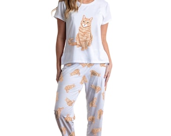 Gelber Katzenschlafanzug mit Hosen für Frauen, Orangefarbener Katzenliebhaber Geschenk, Hundekatzengeschenk, Kitty Katze Pjs, Katzengeschenk, Kitty Katze Pjs, Geschenk für Tierliebhaber