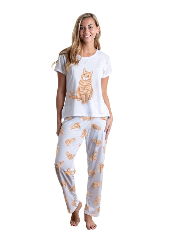 Yellow Cat Pajama Set With Pants for Women Orange Cat Lover Gift