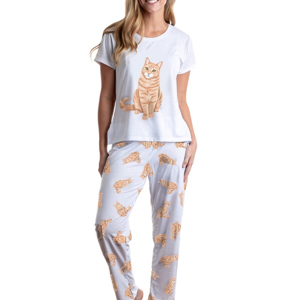 Yellow cat pajama set with pants for women, Orange cat lover gift, dog cat gift, Kitty cat Pjs, cat gift, Kitty cat Pjs, pet lover gift pjs