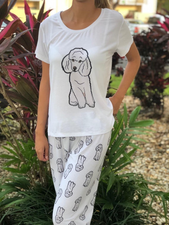 White Poodle Pajama Set With Pants for Women Pjs for Dog Lovers