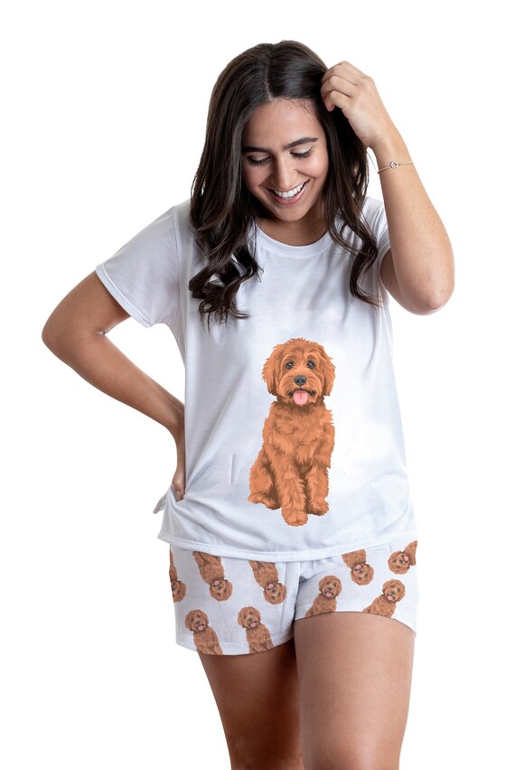 Brown Doodle pajama set with shorts for women, Poodle Golden Doodle shirt, red Labradoodle jammies , matching chocolate Labradoodle gift