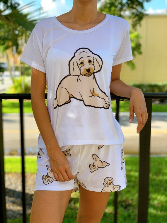 Dog Doodle Beige pyjama set met korte broek voor vrouwen - Etsy België