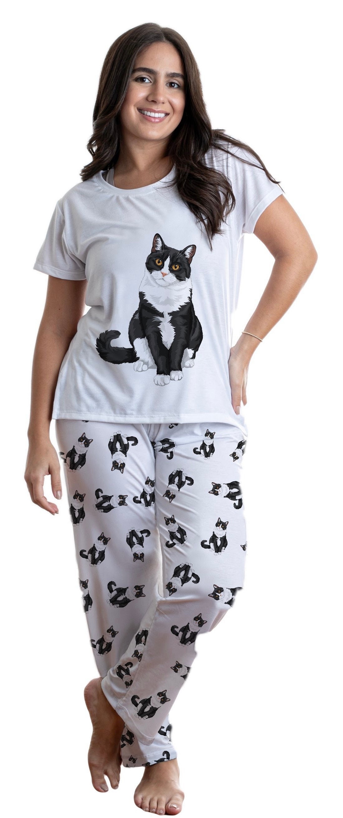 Tuxedo Cat Pajama Set With Pants for Women Bicolor Cat Lover Gift