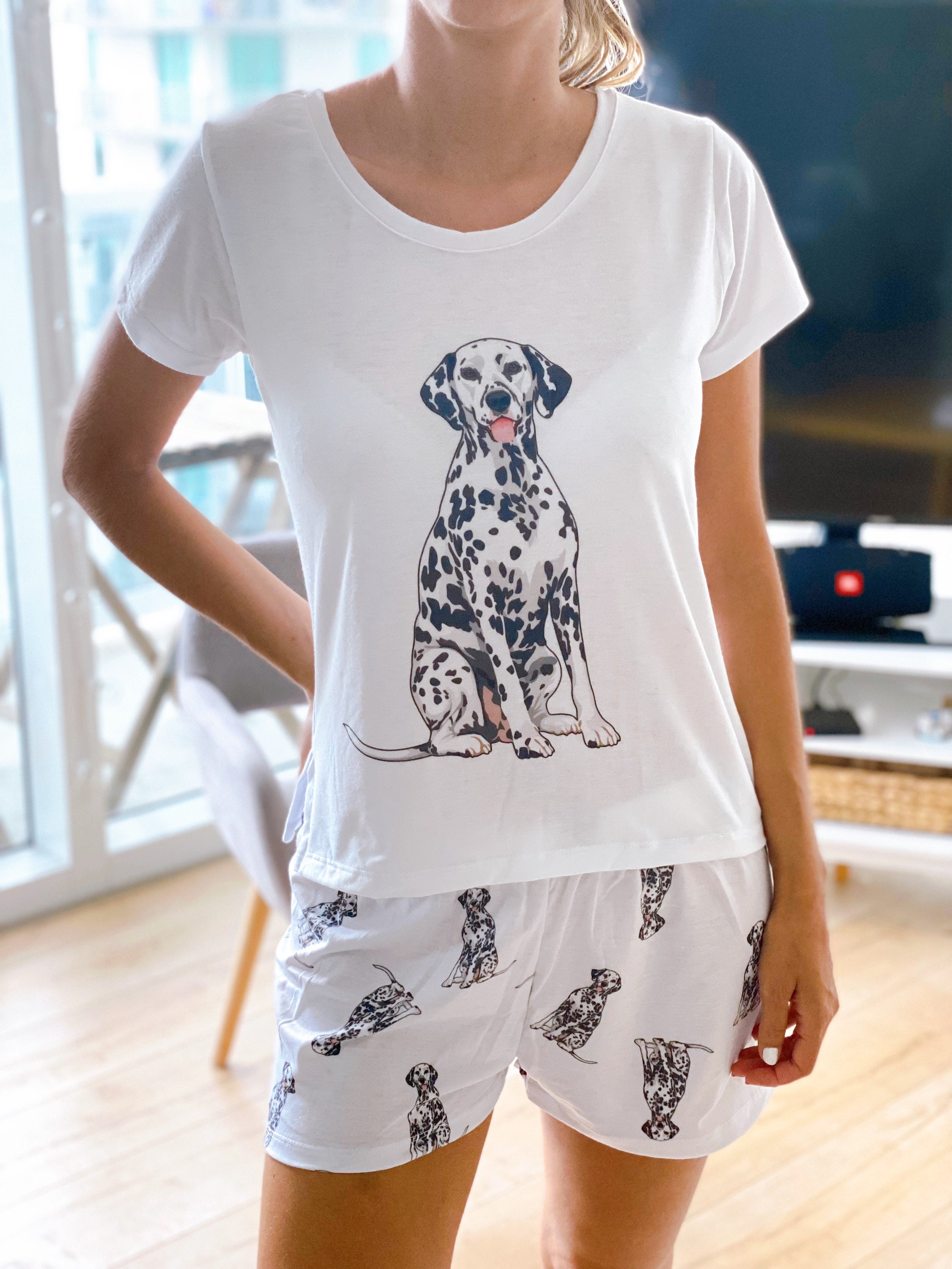 Dalmatian pajama set with shorts for women comfy pjs Dalmatian gift set Pet lovers pjs xmas idea for mother soft pajamas for lady