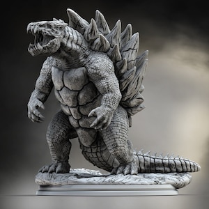 May include: A gray, detailed sculpture of a reptilian creature with sharp teeth and dorsal spikes. The figure is posed in a dynamic stance, with a textured, scaled appearance. The sculpture is on a round base.