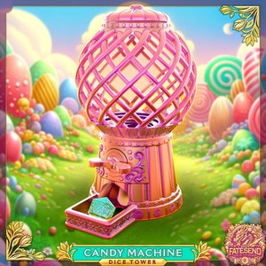 May include: A pink candy machine with a clear, swirling, pink globe on top. The machine has a gold-colored base with intricate details and a small drawer with a blue gem inside. The machine is set against a background of pastel-colored eggs and candy canes.