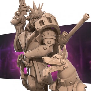 May include: A detailed, 3D printed model of a futuristic, armored figure holding a weapon and standing next to a robotic dog. The figure is wearing a helmet and has a large, mechanical arm.