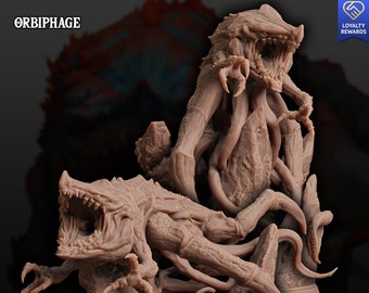 May include: Two 3D printed miniature figures of a creature called an "Orbiphage" from the game Dungeons and Dragons. The figures are detailed and have a textured, fleshy appearance. The figures are posed in a dynamic, action-ready stance. The figures are labeled "Presupported STL" and "Arcane Minis".