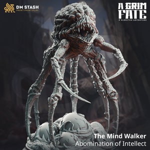 May include: A detailed, gray Mind Walker miniature, an abomination of intellect, with a brain-like head, sharp teeth, and multiple clawed limbs. The figure is part of the "A Grim Fate" 5e Eldritch Adventure. The DM STASH logo is in the upper left.