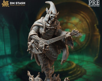 May include: A grey 3D printed miniature of a skeletal figure playing a guitar, standing on a base with flames. The figure is wearing a hooded cloak and has pointed ears. The text "The Travelling Jack" is printed on the base.