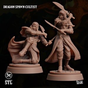 May include: Two 3D printed miniature figures of a Dragon Spawn Cultist, one standing and one kneeling, both wearing brown hooded robes and holding daggers. The figures are pre-supported and compatible with 5e.