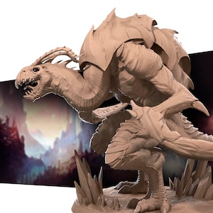 May include: A detailed, 3D printed model of a fantasy creature with a reptilian head, sharp claws, and a spiky, armored back. The creature is posed in a dynamic stance, with its head turned to the side and its claws extended.