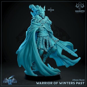 May include: A light blue warrior figurine with a flowing cape and a sword. The figurine is labeled "Warrior of Winters Past" and has a 25mm base. The figure is 45mm tall. The Mammoth Factory logo is visible.