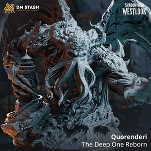 May include: A grey resin miniature of Quorenderi, The Deep One Reborn, featuring a tentacled creature with large wings, horns, and textured skin, clutching a stone lighthouse. The base depicts swirling ocean waves and rocky terrain.