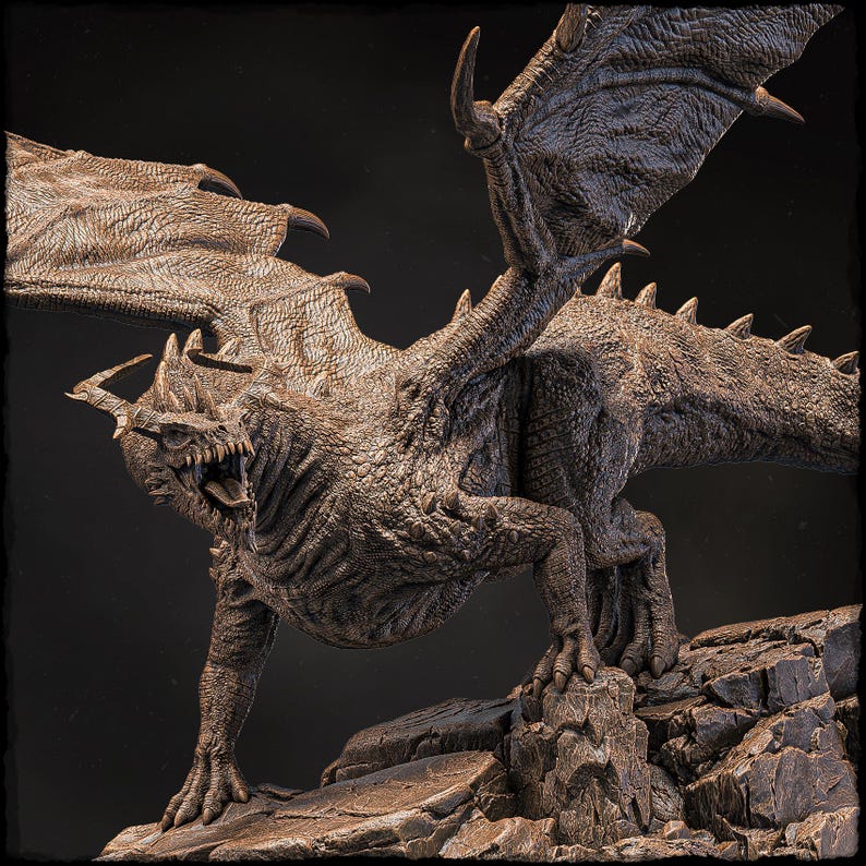 May include: A detailed, textured, brown dragon sculpture with wings spread wide, perched on a rocky base. The dragon has a fierce expression with an open mouth and sharp teeth.