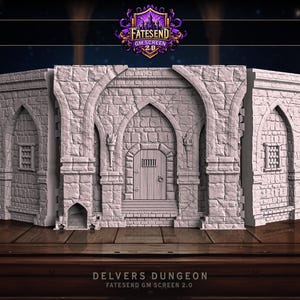 May include: A gray, stone-textured dungeon wall set with arched doorways, windows, and a central wooden door. The product is labeled "DELVERS DUNGEON" and "FATESEND GM SCREEN 2.0". The Fatesend logo is at the top.