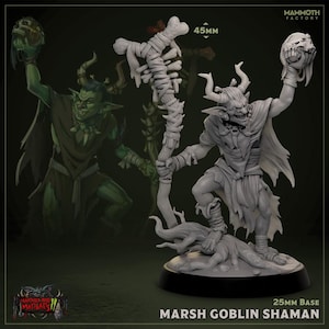 May include: A gray plastic miniature of a marsh goblin shaman holding a bone staff and a skull. The miniature is 45 mm tall and comes with a 25 mm base. The miniature is part of the Warrens and Marauders II series.