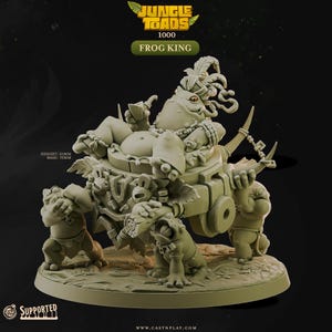 May include: A detailed figurine of the Frog King from Jungle Toads 1000. The frog is seated on a throne carried by smaller frog figures. The figurine is light green with intricate details. The base is 75mm and the height is 61mm.