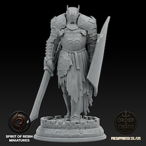 May include: A gray resin miniature of a knight in full armor, holding a large sword and shield. The knight stands on a stone base. The miniature is from the "Spirit of Resin Miniatures" collection, "Order & Chaos Vol. 2".
