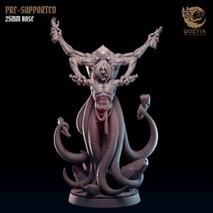 May include: A grey 3D printed miniature of a humanoid creature with four arms and a tentacled lower body. The creature has a human-like head with a shocked expression and a single eye. The miniature is pre-supported and comes with a 25mm base.