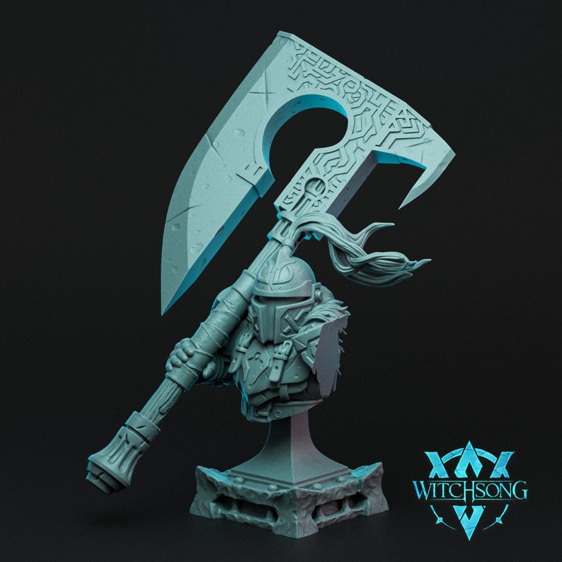 May include: A gray, detailed bust of a warrior holding a large, ornate axe. The axe has a curved blade with intricate designs and a long, cylindrical handle. The warrior is wearing armor and a helmet with a plume. The bust is mounted on a gray, stone-like base. The base has a circular design and a raised platform. The bust is a 3D printed model.