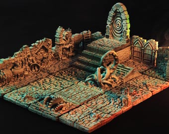 May include: A detailed, multi-level, 3D printed dungeon set for tabletop role-playing games. The set features a ruined stone archway, a set of stairs, and a large, tentacled creature. The set is painted in shades of brown, gray, and green.